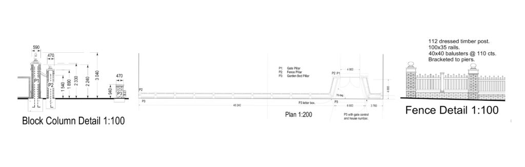 Architectural plans for a gate and fence detail in Brisbane