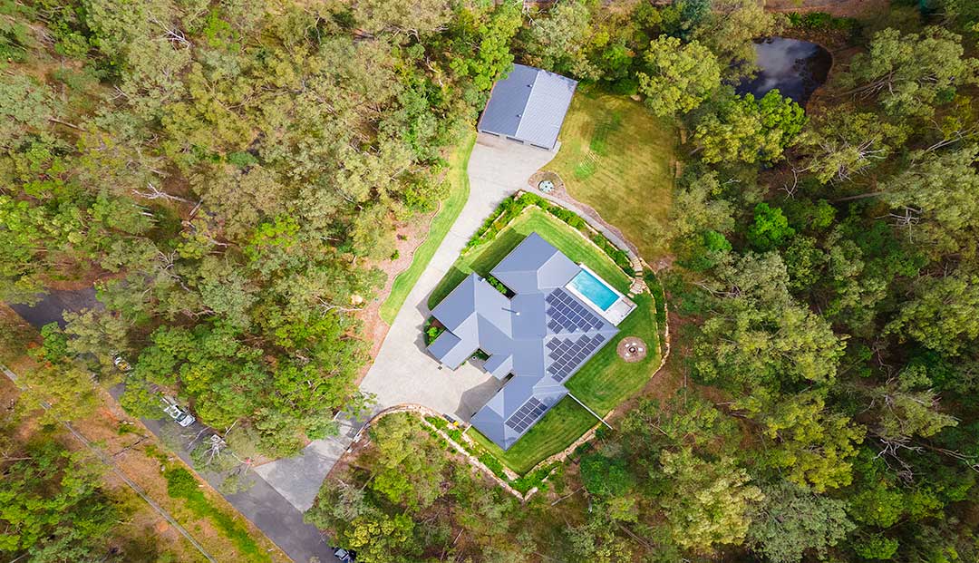 Aerial view of a secluded property with pool on Prout Street, Brisbane.