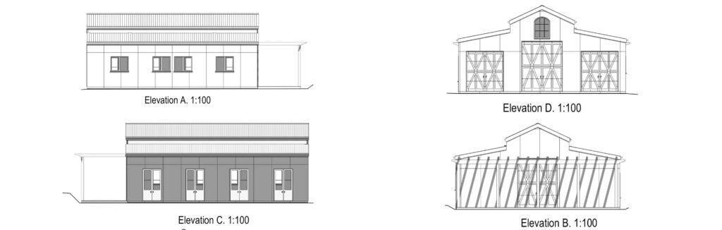 Architectural drawings of a barn with different elevations.